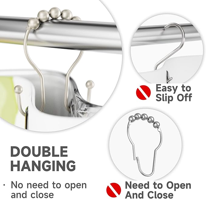 Bathway Shower Curtain Hooks Rust Proof Shower Curtain Rings, Smooth Glide Double Hook Shower Curtain Hooks,Shower Hooks for Shower Curtain Matte Nickel Shower Rod Hooks Shower Curtain Hangers 12Pcs