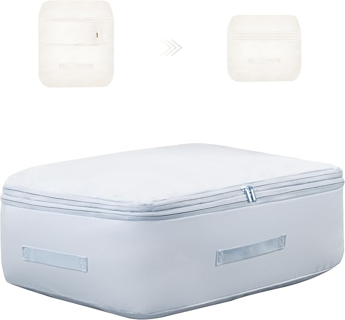 Ultra Space Saving Self Compression Organizer, Comforter Storage Bag for Clothes, Blankets, Pillows, Duvet, Comforters, Bedding Sets and Much More (Blue,L - 54 * 42 * 30cm)