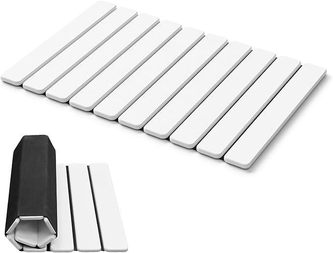 AWW Foldable Stone Bath Mat, Quick Dry Diatomaceous Earth Bath Mat with Non-Slip Mat, Super Absorbent, Easy to Clean, Compact for Small Bathrooms, 23.6 x 15.5, White