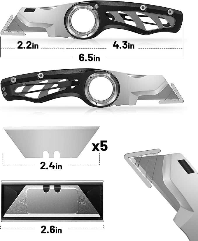 Folding Utility Knife Pocket Knife, Heavy-Duty Box Cutter with Anti Slip Finger Loop, Quick Change Blade Razor Knife, Box Cutters for Home, Office, Warehouse, Durable Razor Knife, Box Knife (Black)
