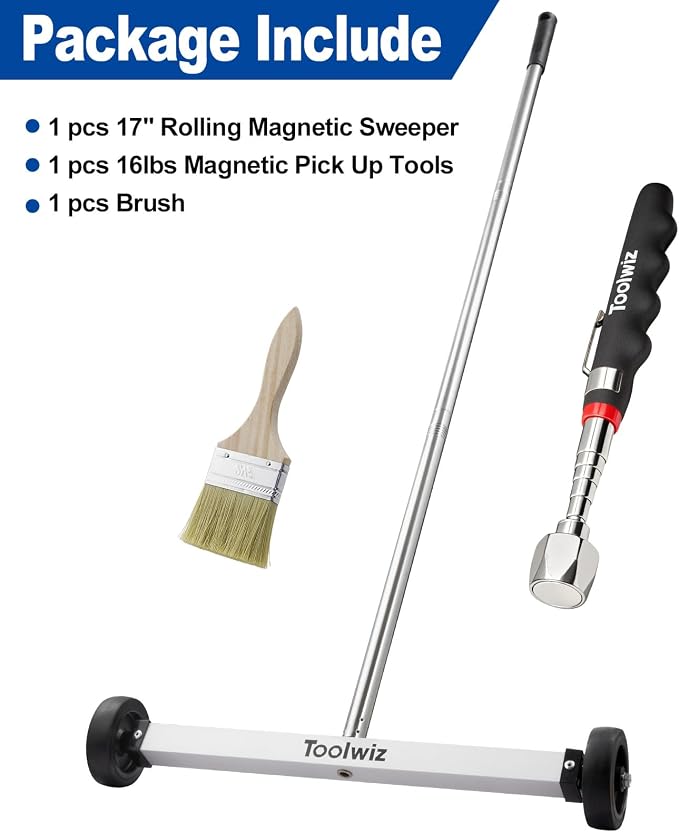 Toolwiz 17" Rolling Magnetic Sweeper 8.8lbs, with 16 lbs Telescopic Magnetic Pick Up Tools –Lightweight Pick-up Sweeper with Wheels for Nails, Screws & Metal Debris Home Use Workshop Garage