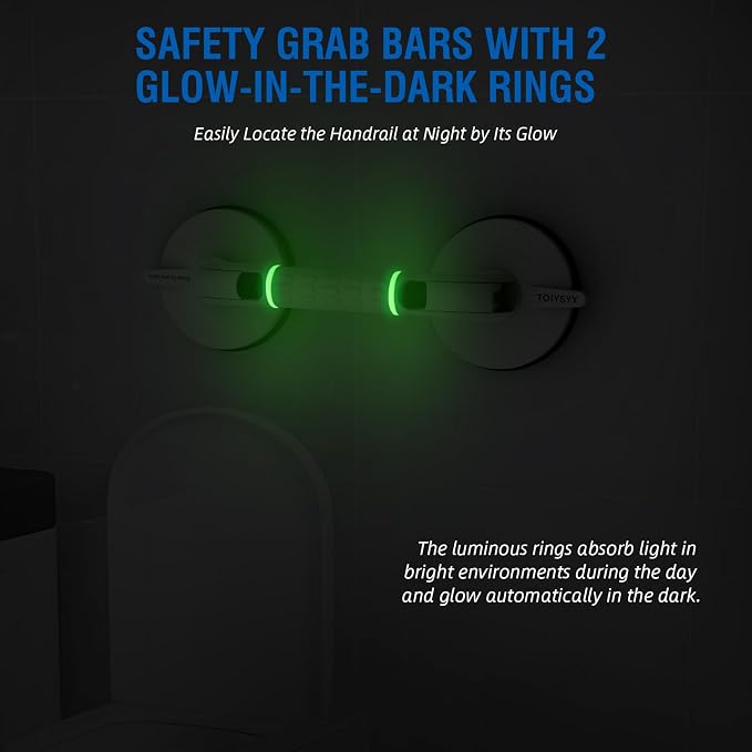 Grab Bars for Bathtubs & Showers 2 Pack, 265lbs Shower Grab Bars for Seniors with Safety Indicator, Night Glow, 15 Inch No-Drilling Heavy Duty Shower Handles for Elderly Suction
