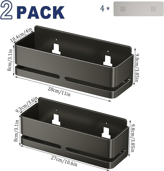 Shower Caddy, 2-Pack Shower Shelf, Heavy-Duty Bathroom Storage Shelf, Large Capacity No-Drill Bathroom Organizer, Gray Metal Storage Basket, Adhesive Installation