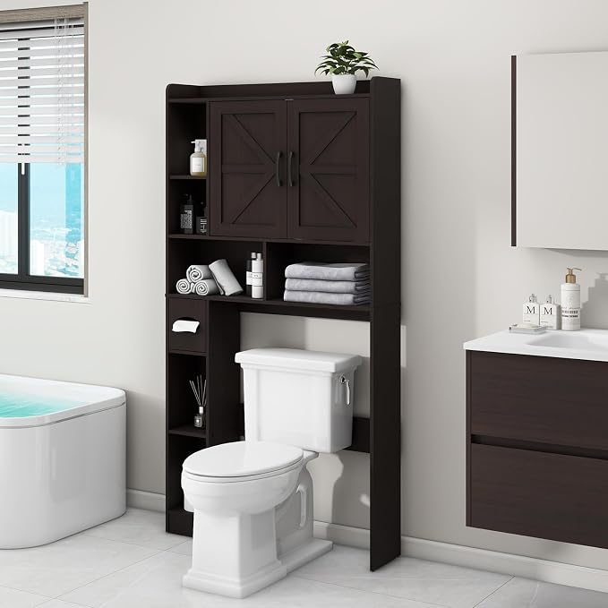 Vabches Over The Toilet Storage Cabinet, Farmhouse Storage Cabinet Over Toilet with 2 Barn Door & Toilet Paper Holder Stand，Home Space-Saving Toilet Rack, for Bathroom, Restroom, Laundry.Caramel