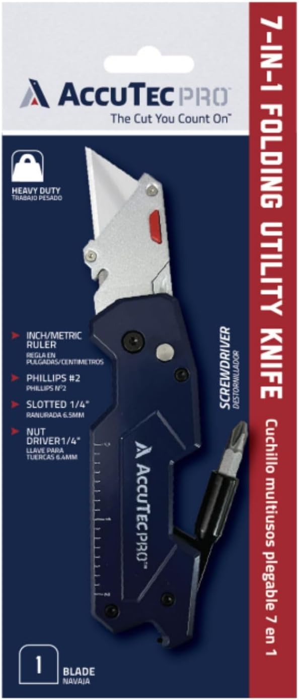AccuTec Pro 7-in-1 Utility Knife 1 Blade - Multi-Purpose Tool - Folding Screwdriver, 1/4 Inch Bit Holder, Can/Bottle Opener, Inch/Metric Ruler, Phillips/Slotted Bit - APTL-8007