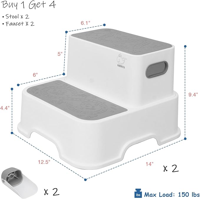 Harwaya Toddler Step Stool for Bathroom Sink 2 Pack, Kids Step Stools for Toilet Potty Training, Plastic Stepping Stool for Toddlers Child Kid Kitchen Bedroom Bed -White (Included Two Faucet Extender)