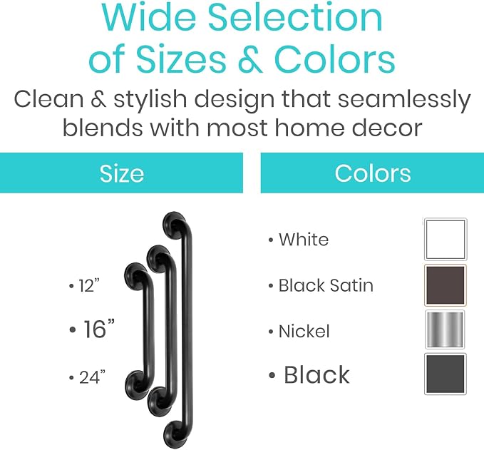 Vive Grab Bar for Showers - Bathroom Antislip Handrail for Seniors, Elderly Assistance Product, Heavy Duty Shower Handles, Handicap Grab Bars, Stainless Steel, Multipurpose, 440 lbs (Black)