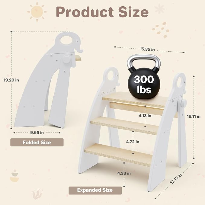 Step Stool for Toddlers, 3-Step Kids Step Stool for Bathroom Sink, Foldable Toilet Potty Training Bamboo Wooden Stool with Handles and Non-Slip Pads for Bedroom, Kitchen Stool Helper, White