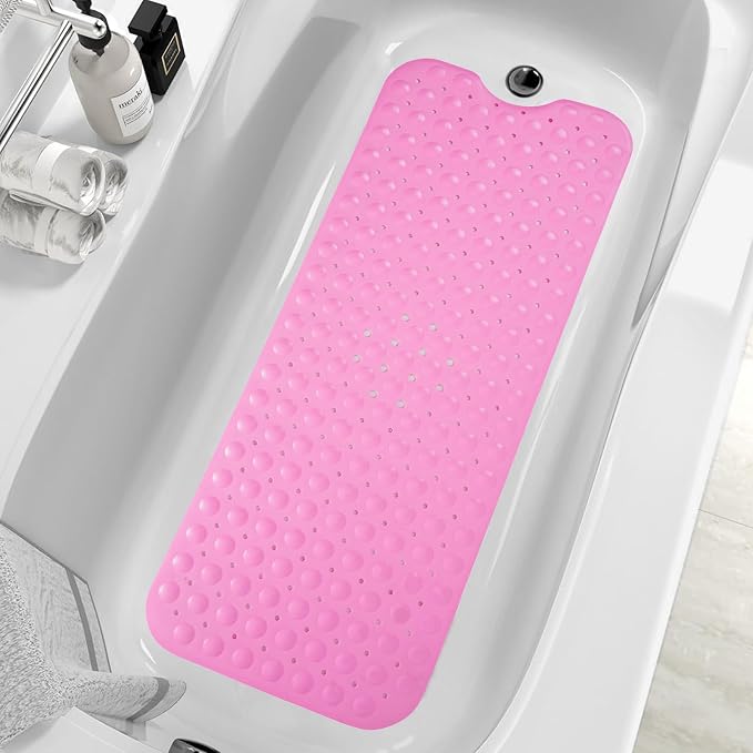 ZHICHENG Bath Tub and Shower Mats, Non-Slip 39 x 16 Inch Extra Long Bath Mat, Machine Washable Bathtub Mat with Drain Holes, Suction Cups for Bathroom (Pink)