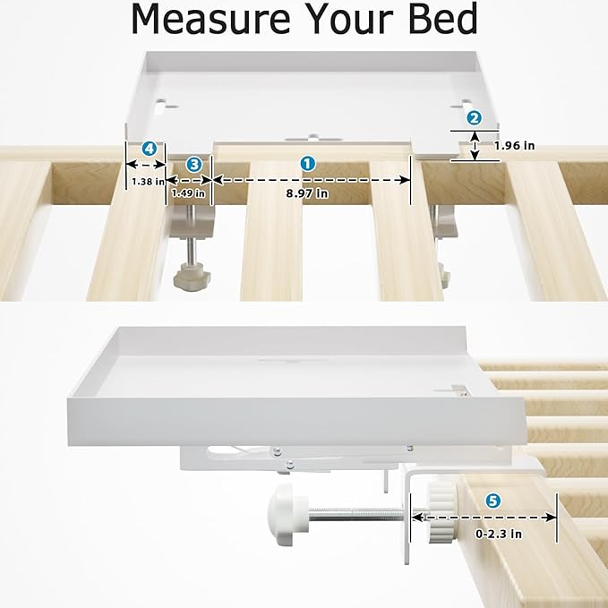 Foldable Bedside Shelf, Metal Clip-On Bed Tray Table for Bunk Bed & Dorm Beds, Dorm Room Essentials Organizer for College Students, Floating Tray, Space Saving Nightstand for Loft Beds (White, Large)