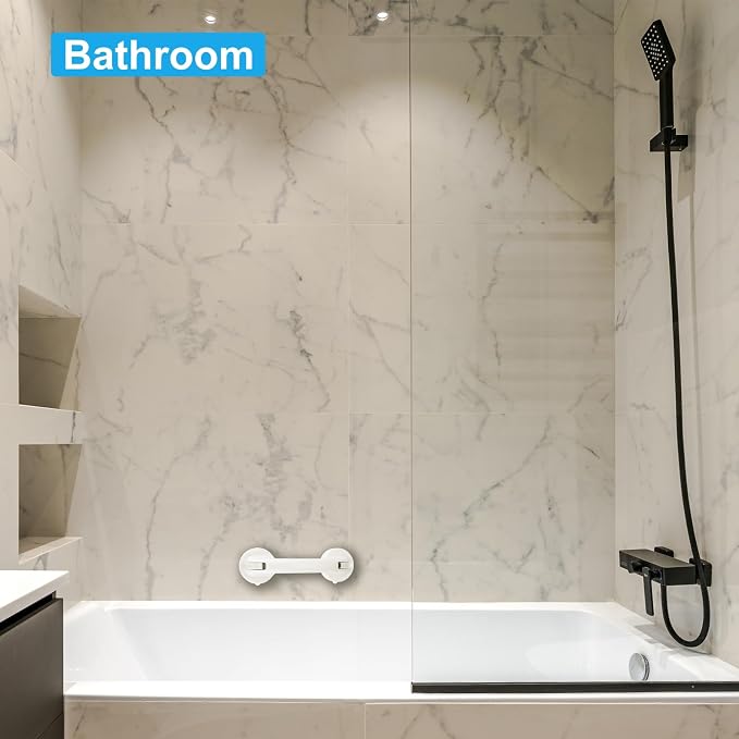uxcell Grab Bars for Bathtubs and Showers, 8.3" Mirror Glass Door and Window Handles Powerful Shower Suction Cup Anti-Slip Safety Bars for Senior Shower Chairs White