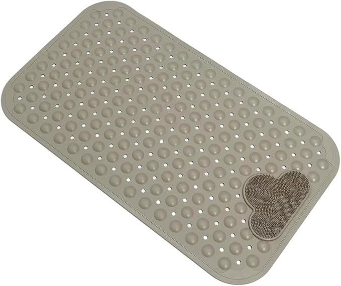 Bathtub Anti-Slip Mat Shower Mat with Suction Cups Drain Hole Foot Massage Bathroom Floor Mat 28x16 Inch (Khaki)