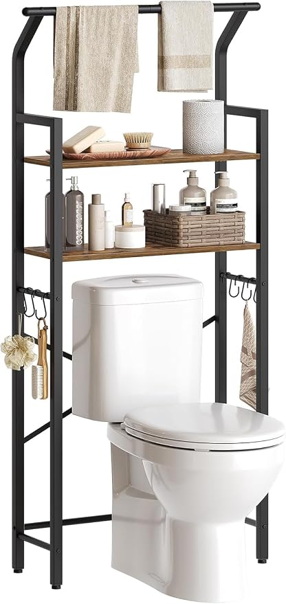YATINEY 2-Tier Over The Toilet Storage, Multifunctional Vertical Over Toilet Bathroom Organizer, Freestanding Bathroom Storage Shelves with Hooks, Bathroom Organizer, Rustic Brown and Black TR01BR