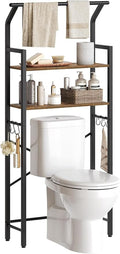 YATINEY 2-Tier Over The Toilet Storage, Multifunctional Vertical Over Toilet Bathroom Organizer, Freestanding Bathroom Storage Shelves with Hooks, Bathroom Organizer, Rustic Brown and Black TR01BR