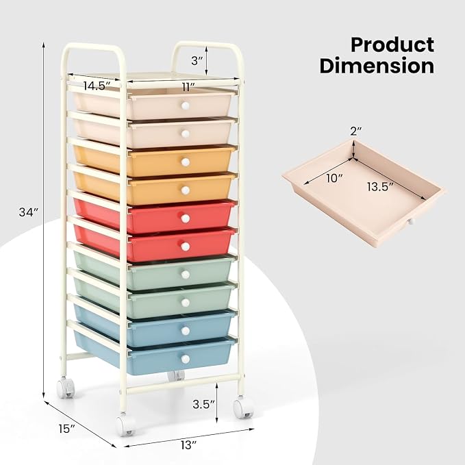 10-Drawer Rolling Storage Cart, Trolley w/Lockable 360° Wheels, 10 Removable PP Drawers, Sturdy Metal Frame, Rolling Utility Cart Perfect for Home, Office, Classroom (Macaron)
