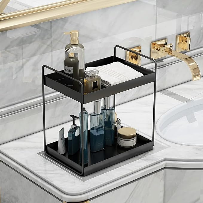 2 Tier Bathroom Counter Organizer, Standing Vanity Organizer Shelf for Bathroom Storage Organization, Countertop Skincare Makeup Organizers Holder, Black