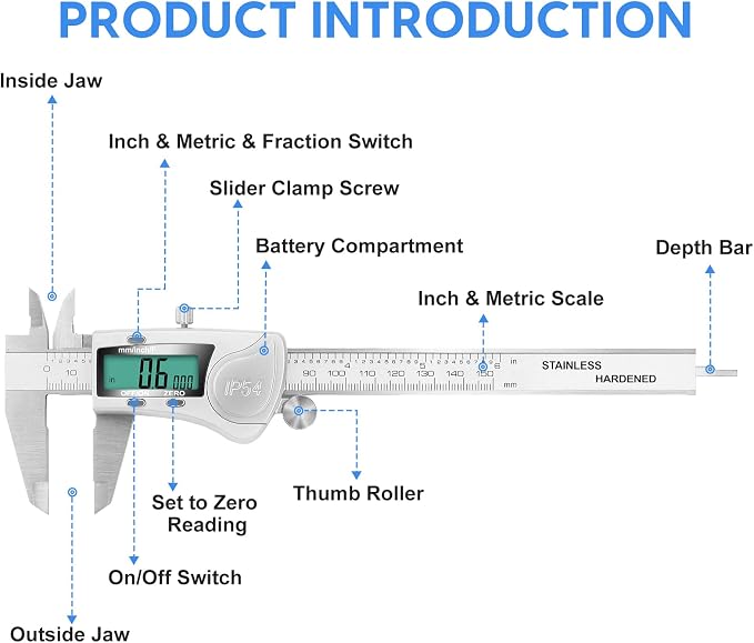 Digital Caliper Measuring Tool, IP54 Waterproof Electronic Micrometer Caliper, Stainlee Steel Vernier Caliper with Large LCD Screen, Inch Metric Fraction Conversion, 6 Inch for Household/DIY