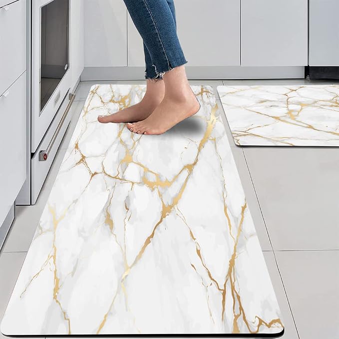 Mrcrypos Gold White Kitchen Rugs Cushioned Anti Fatigue 2 PCS Marble Kitchen Mats PVC Non Slip Waterproof Kitchen Mats for Floor Sink Laundry Office