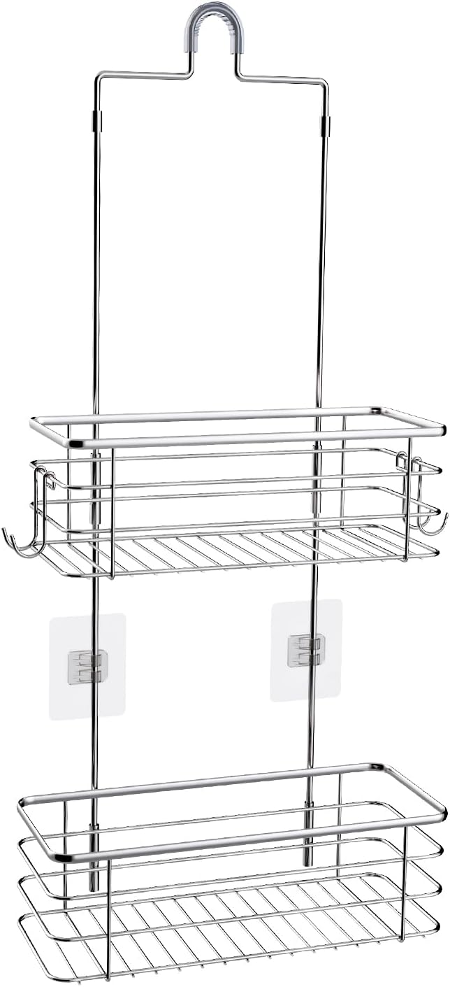 Hanging Shower Caddy, Stainless Steel, 2-Tier Bathroom Organizer Rack over Shower Head with 2 Hooks for Razor and Sponge