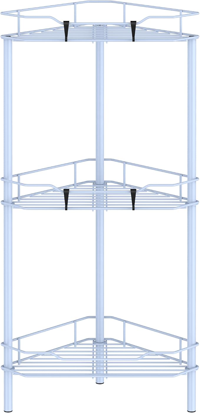 HuggieGems 3 Tier Floor Standing Corner Shower Caddy Organizer Shelf with Hooks, Bathroom Shelves Stand Rack, Blue