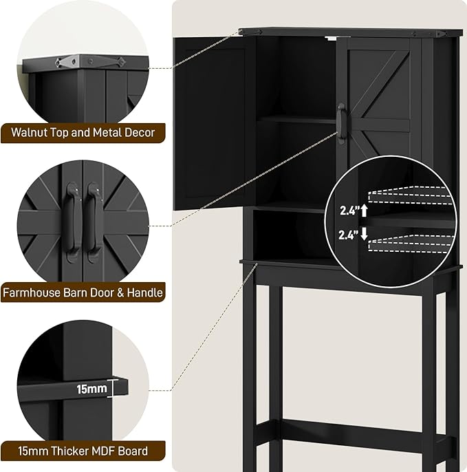 Halitaa Over The Toilet Storage Cabinet, Farmhouse Over Toilet Bathroom Organizer with 2 Barn Doors, Narrow Above Toilet Storage Cabinet, Behind Toilet Bathroom Organizer, Black