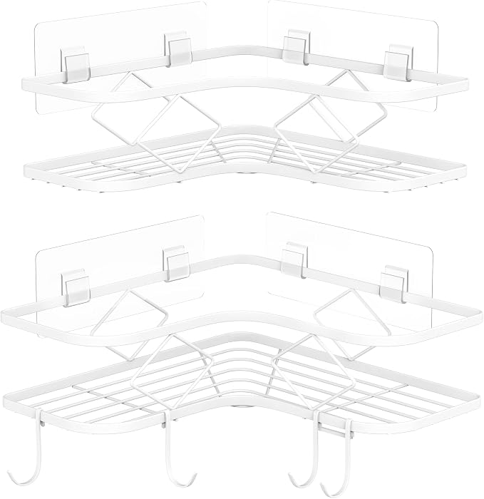 Shower Caddy, 2 Pack Corner Organizer Shelf, Rustproof Wall Mount Shower Storage Rack, No Drilling, 40 lbs Capacity (Glossy White)