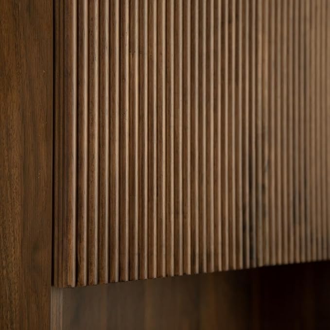 USHOWER Dark Walnut Bathroom Wall Cabinet, Thickened MDF Medicine Cabinet with 2 Fluted Doors & Open Shelf, Over the Toilet Storage Cabinet for Laundry Room, Living Room, Kitchen, Wall Mounted