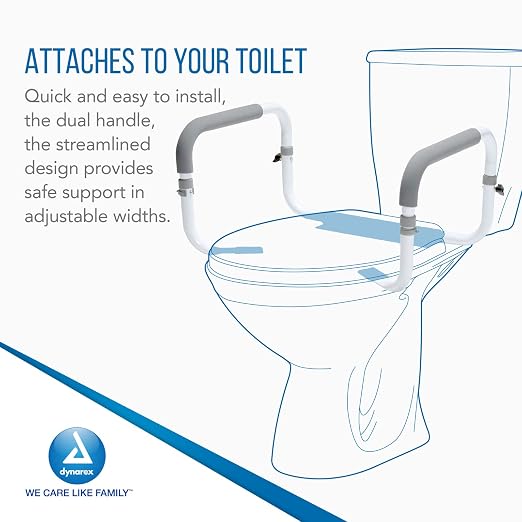 Dynarex Toilet Safety Rail, Attaches to Your Toilet to Provide Safe Support for Sitting and Standing with Padded Arms, Adjustable Width & Weight Capacity of 300 pounds, White, 1 Toilet Safety Rail