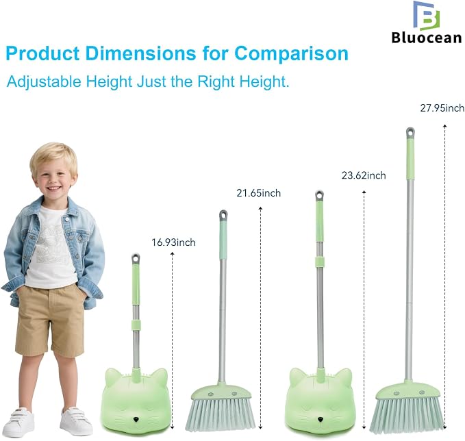 28'' Kids Mini Broom and Dustpan Set - Toddler Cleaning Toy, Toddler Household Helper, Parent-Child Interactive Play Cleaning Tool, Cute Cartoon Design, Small Safe Corner Broom (Green)