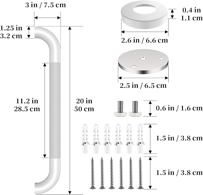 White Grab Bar 20 Inch, iHansee Anti-Slip Bathroom Grab Bar w/Knurled Grip, Stainless Steel Safety Handrail for Toilet Bathtub Shower, Wall Mounted Handicap Bars Handle for Senior Elderly