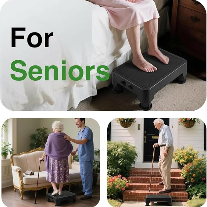 COOL-ANGLE Adjustable Step Stool for High Beds & SUV - Non-Slip Mobility Platform for Seniors, 650lbs Capacity, 3 Heights (3.4"-5"), Wide Safety Base for Car & Bath, 16.5"x12.6", Black