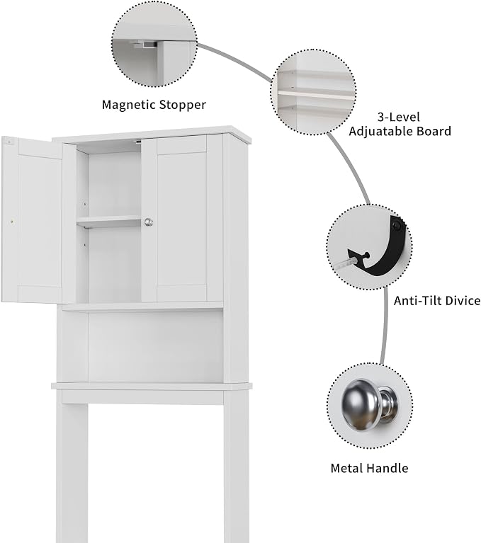 Shintenchi Over the Toilet Storage Cabinet, Bathroom Shelf Organizer with Anti-Tip Device Small Freestanding Space Saver with Adjustable Shelf，White