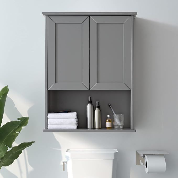 VANIRROR Grey Cabinet Wall Mounted with 2 Doors, Wooden Medicine Cabinet with Adjustable Shelf, 23"x 29" Over Toilet Wall Hanging Cabinets for Bathroom Bedroom, Kitchen, Laundry Room