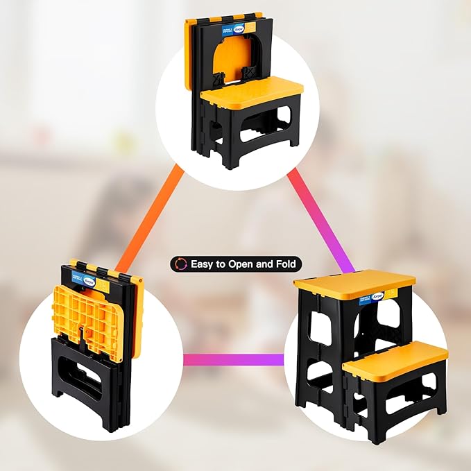 Korpai Folding 2 Step Stools,8" & 17" Dual Heights,Foldable Step Stool for Adults and Kids,Hold up to 250lbs,Collapsible Step Stool for Kitchen Bedroom Office Bathroom RV, Yellow