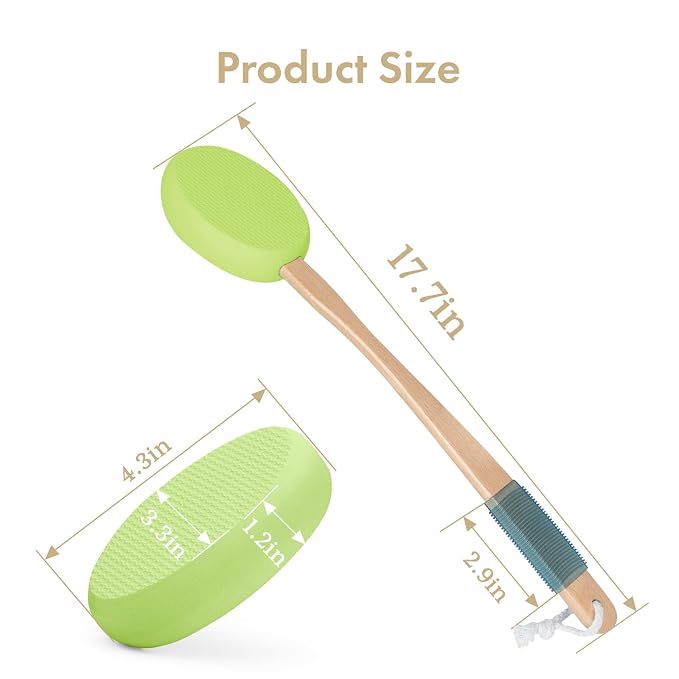 AmazerBath Lotion Applicator for Back, Feet, 4 Replacement Pads with 17" Curved Handle, Back Sunscreen Applicator for Kids, Elderly, Apply Skin Cream Medicine Moisturizer Tanner, Soft Grass Green