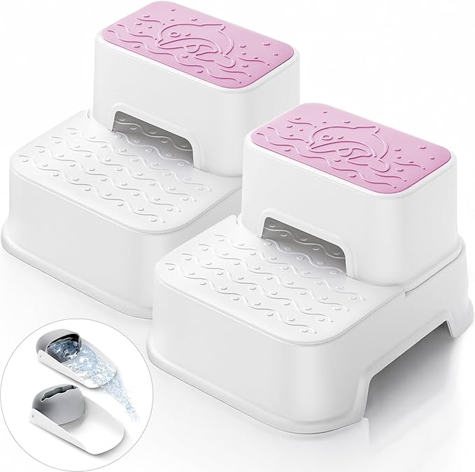 2 Step Toddler Step Stool, Non-Slip Multifunctional Kids Step Stool for Bathroom Sink & Toilet Potty Training,Supports Up to 220 lbs (2 Packs, Pink)