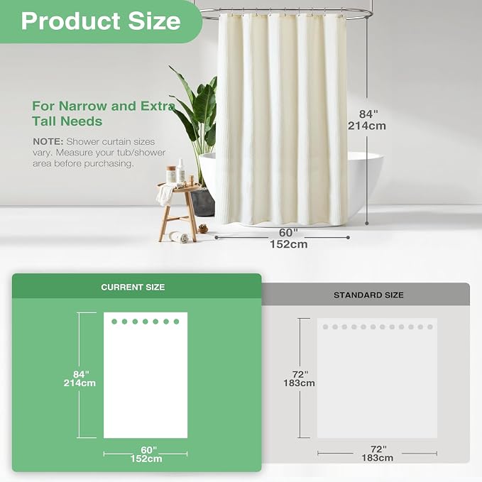 Dynamene Stall Fabric Shower Curtain - 60 x 84 inch Waffle Weighted Thick Cloth Shower Curtain for Bathroom, Cream/Ivory