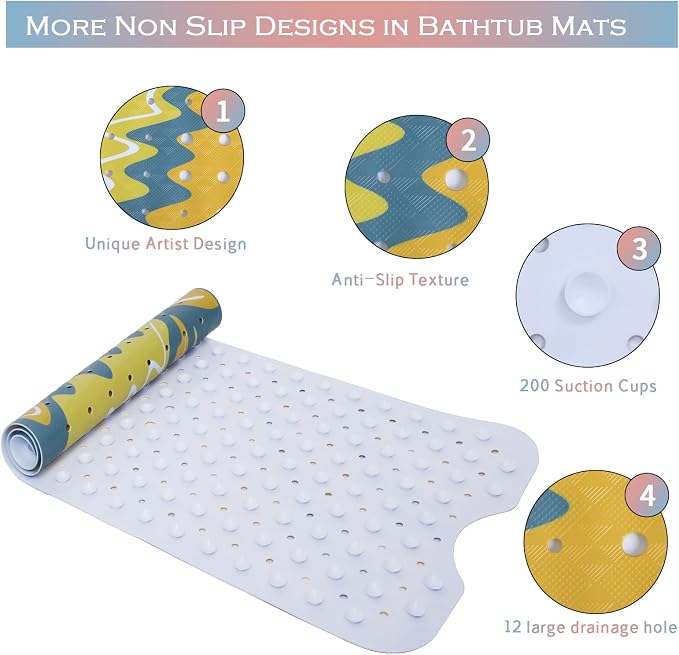 Sun Bathtub Mat Non Slip for Kids 40x16in Extra Long Anti Slip Bath Mat for Tub Abstract Art Bath Shower Mat with Large Drain Holes and Suction Cups Boho Sun Design Modern Minimalism Bathroom Decor