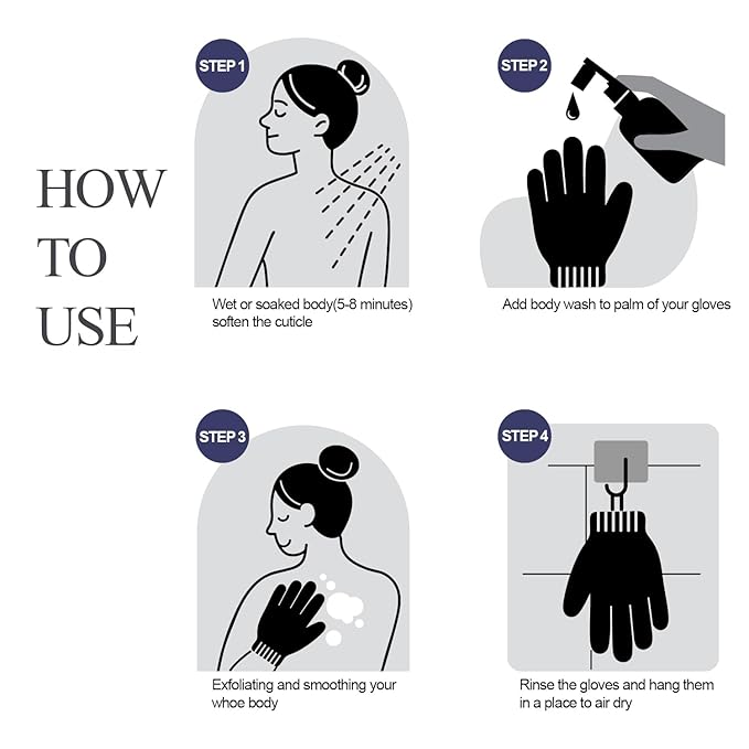 Evridwear Exfoliating Dual Texture Bath Gloves for Shower, Spa, Massage and Body Scrubs, Dead Skin Cell Remover, Gloves with Hanging Loop (1 Pair Black Heavy Glove)