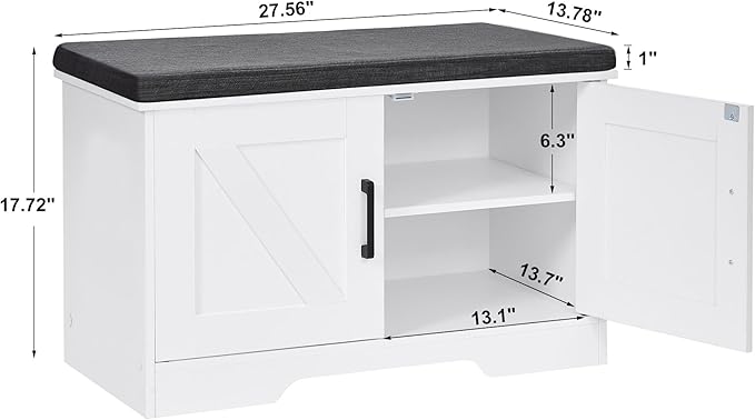 HOMSHO 2-Tier Storage Bench, 27.6" Wide Shoe Bench with Padded Seat Cushion, Entryway Bench with 2 Barn Doors and Adjustable Shelf, White