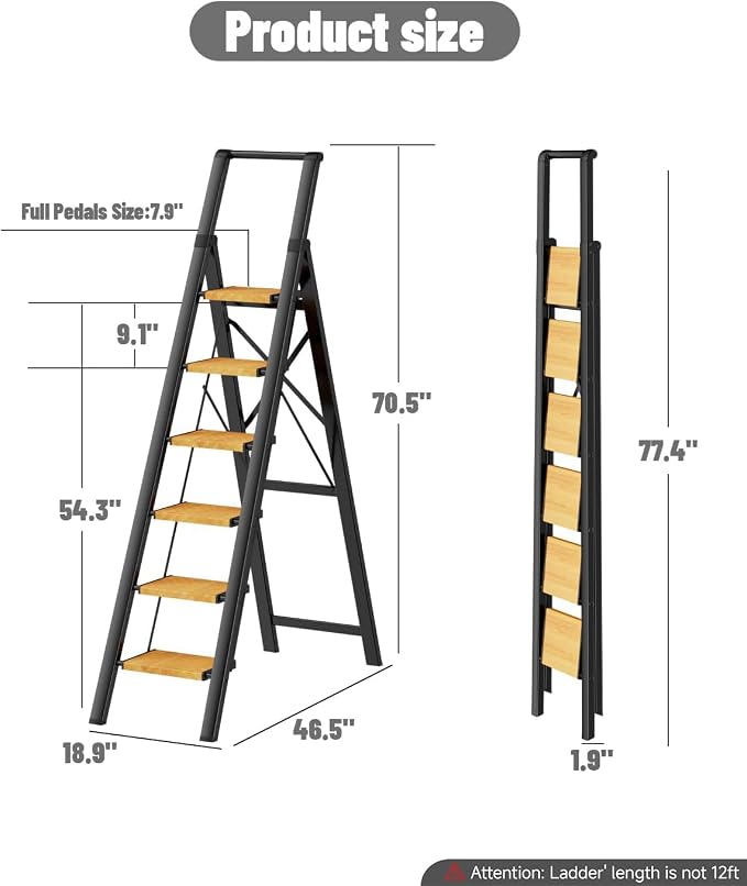 SOLADDER 6 Step Ladder for 12 Ft High Ceiling, Folding Step Stool with Handgrip & Anti-Slip Wide Pedal, Portable Aluminum Stepladder for Kitchen, Home (300 lbs Capacity) - Black+Wood Grain