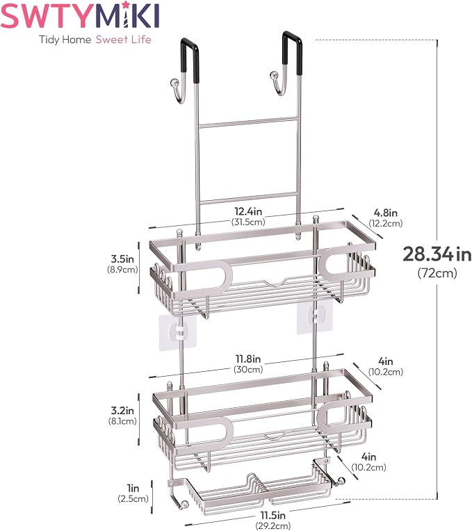 SWTYMIKI Over The Door Shower Caddy - Stainless Steel Hanging Shower Organizer With Soap Holder & 16 Hooks No Drilling Hanging Caddy Over Door To Organize Bathroom Essentials, Sand Nickel