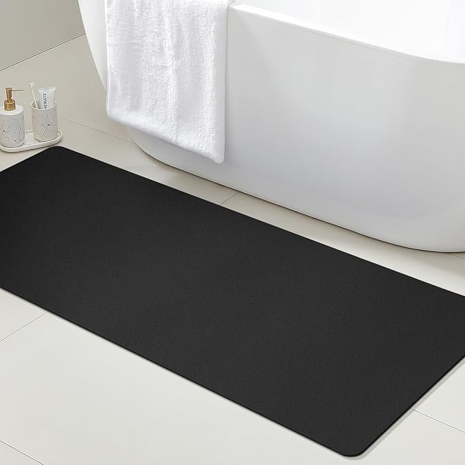 ACCUMTEK Non Slip Bath Mat, Thin Bathroom Rugs Fit Under Door, Quick Dry Bath Mats, Machine Washable Bath Rugs for Bathroom, Bathtub & Kitchen, Black/Solid/59 x20