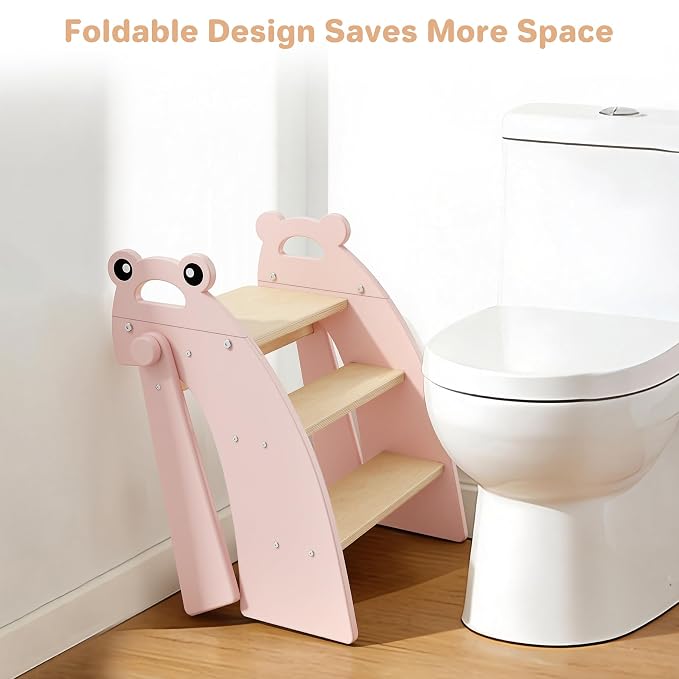 Step Stool for Toddlers, 3-Step Kids Step Stool for Bathroom Sink, Foldable Toilet Potty Training Bamboo Wooden Stool with Handles and Non-Slip Pads for Bedroom, Kitchen Stool Helper, Pink