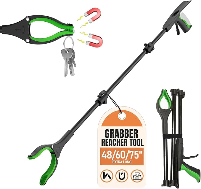 Extra Long Grabber Reacher Tool, 48" Aluminum Foldable Reacher Grabber, Dual Magnetic Tip, 2 in 1 Pickup Grabber w/Shoe Horn, Strong Upper Picker for Elderly, Surgery Recovery, Medical, Trash