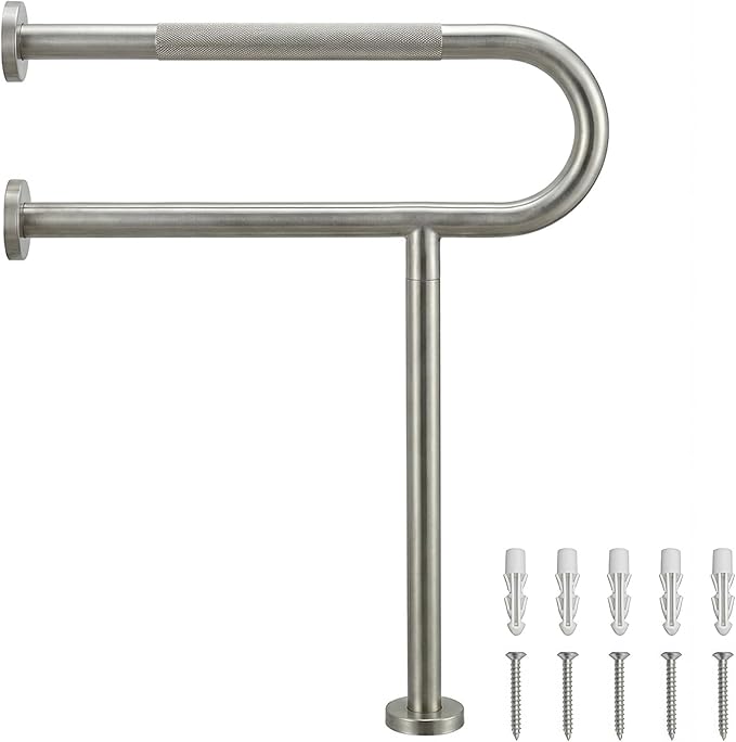 28 Inch Toilet Grab Bar with Leg for Bathroom, Wall & Floor Mounted Stainless Steel Handicap Grab Bar, Brushed Nickel Anti-Slip Knurled Grip, Safety Rail for Elderly, Disabled and Pregnant