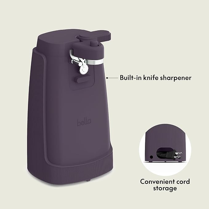bella Electric Can Opener and Knife Sharpener, Removable Cutting Lever, Cord Storage, Stainless Steel Blade, Plum