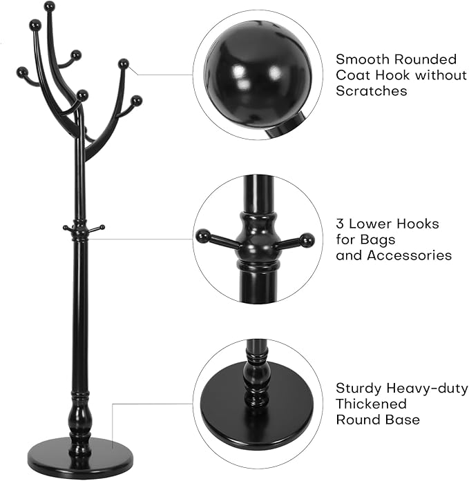 Bekrvio Coat Rack Freestanding Coat Tree with Sturdy Round Base, Unique Coat Hanger Stand, Heavy Duty Standing Coat Rack Clothes Stand for Winter Jacket, Hat, Entryway/Hallway/Bedroom, Black