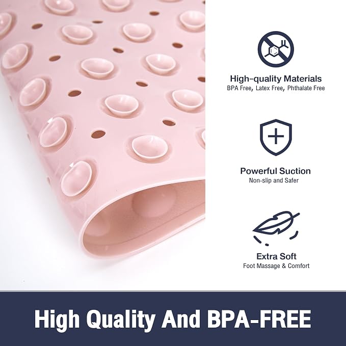 Extra Long Pink Bathtub Mat Non Slip, Soft Bath Mat for Tub 40 x 16 Inch Full Size, Bath Tub Shower Mats for Bathroom Floor, Big Suction Cups and Drain Holes, Easy Washable, BPA Free