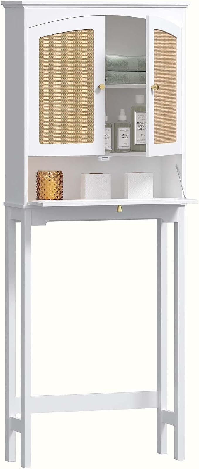 Spirich Over The Toilet Storage Cabinet with Rattan Doors, Over Toilet Bathroom Organizer with Tilt-Out Cube and Adjustable Shelf
